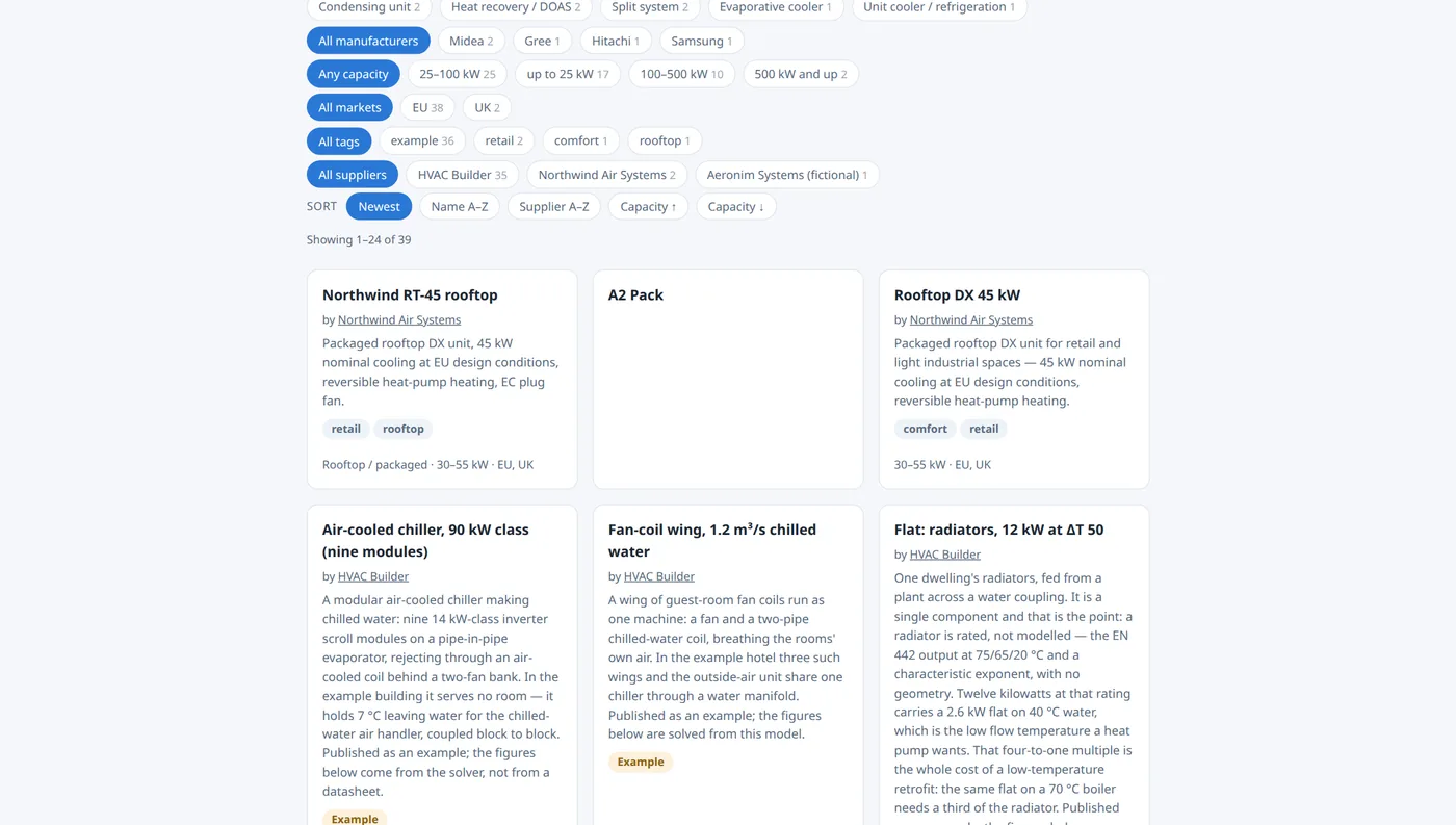 The public directory listing published systems, with filters for capacity, market and supplier