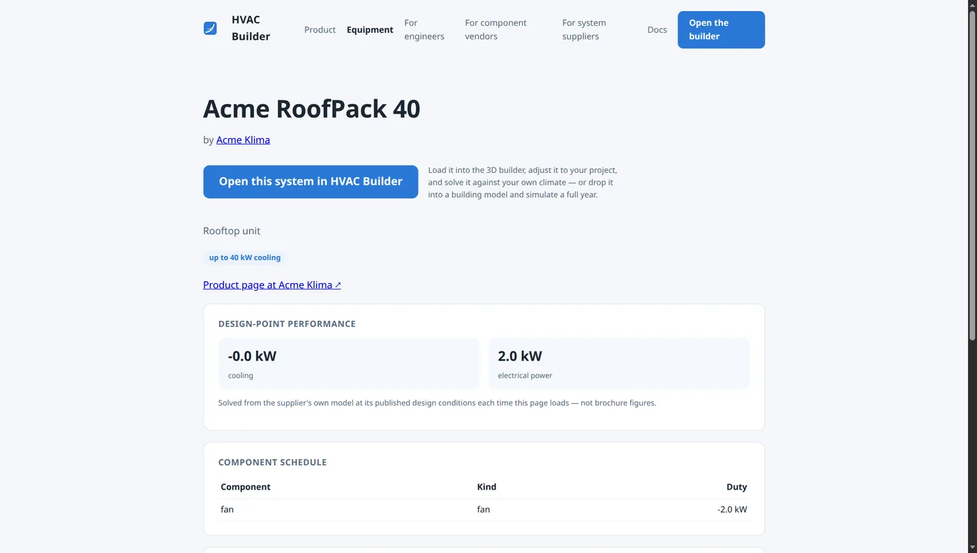 A published system's public spec page: branded header, live-solved design-point performance, component schedule