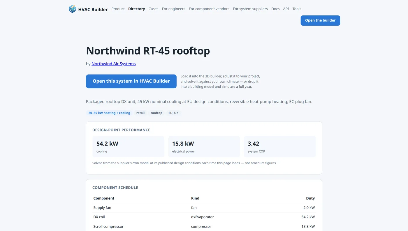 A published system's public spec page: branded header, live-solved design-point performance, component schedule