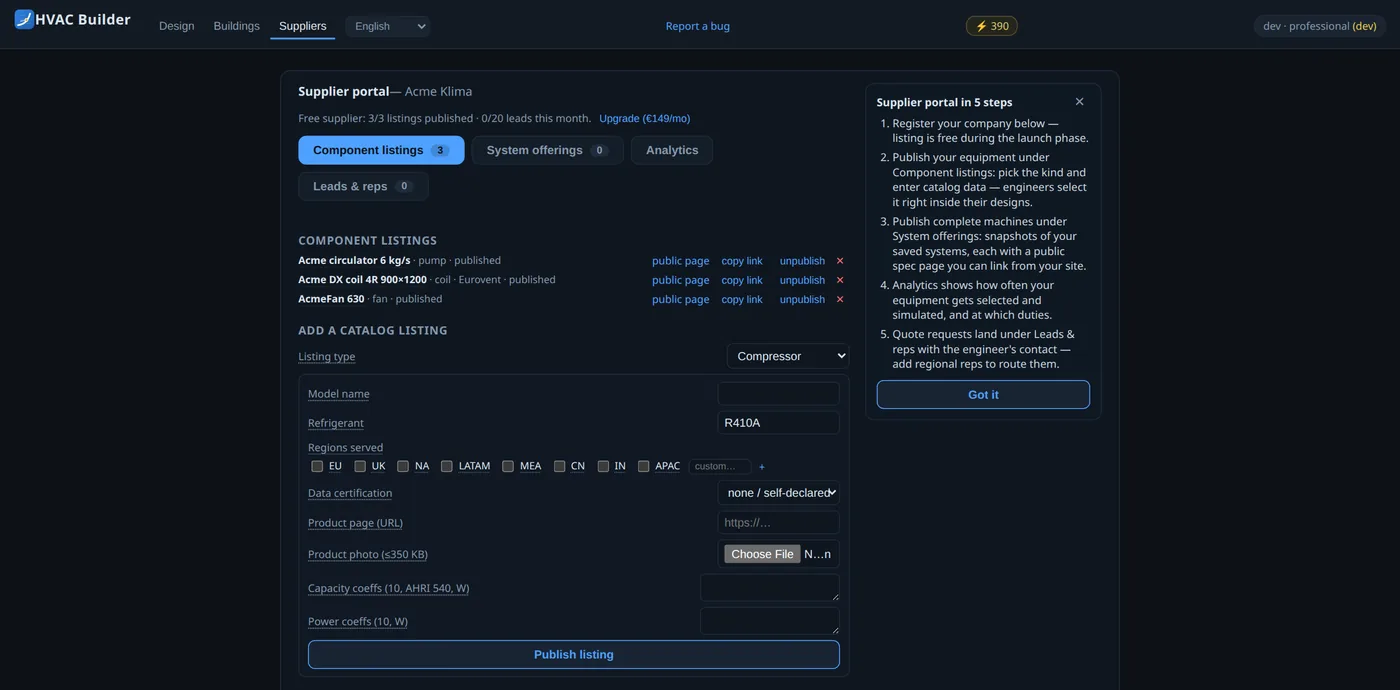The supplier portal: component listings, system offerings, analytics, and leads
