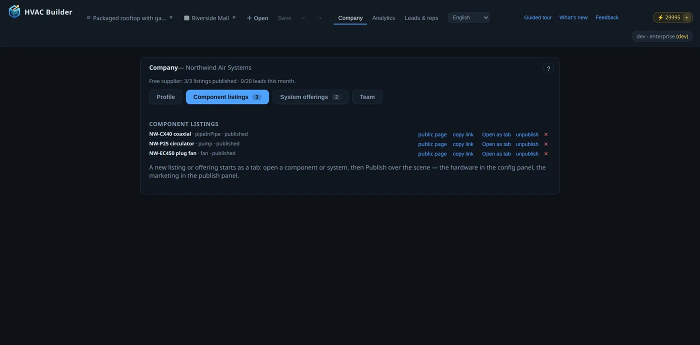 The Company page: component listings and system offerings, each opening as a tab; analytics and leads beside it