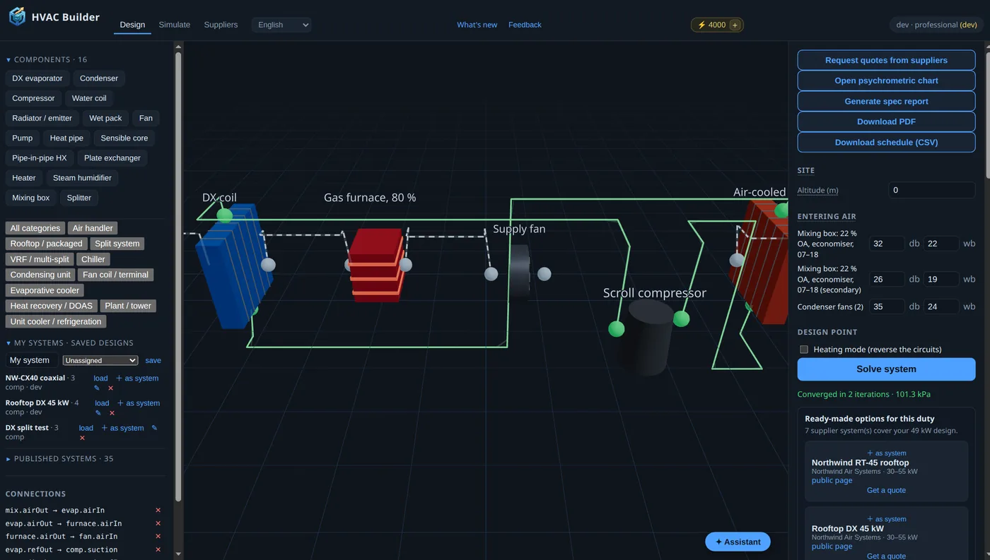 HVAC Builder: the 3D system builder with live solve results, the psychrometric chart, and a whole-building simulation